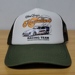 Roland Leong's Hawaiian Racing Team 1970 Mens Trucker Hat Olive Snapback 70s Cap